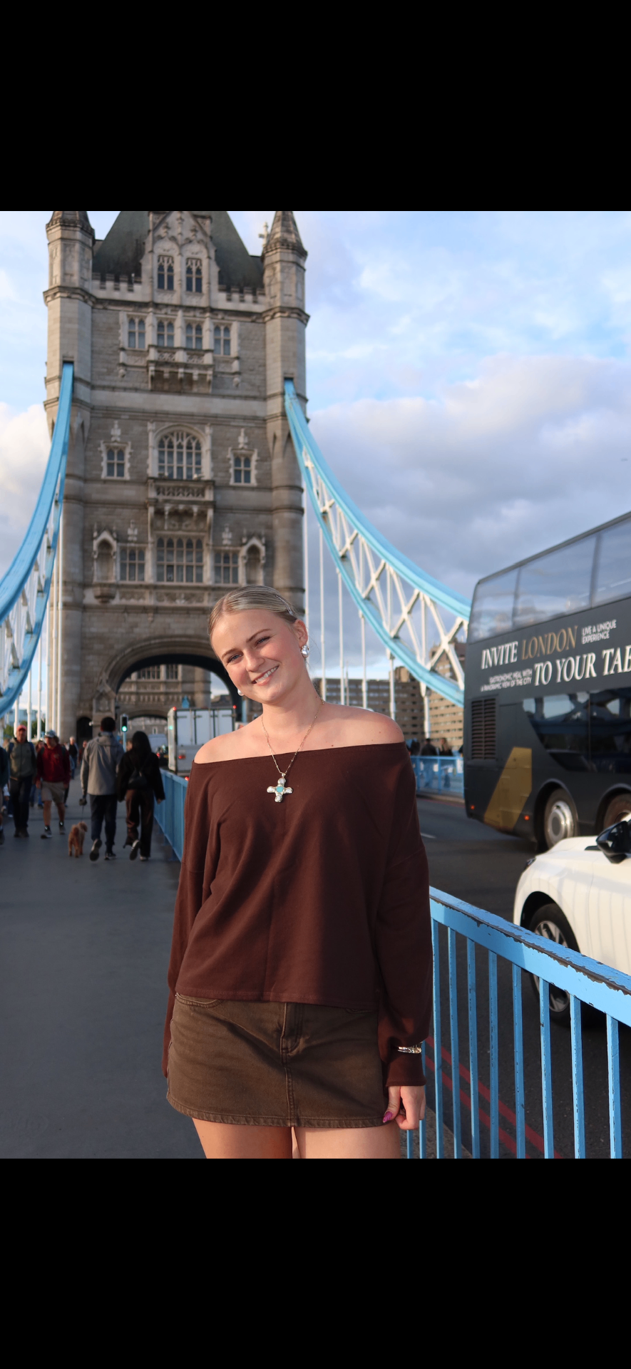 Allie in London at Tower Bridge