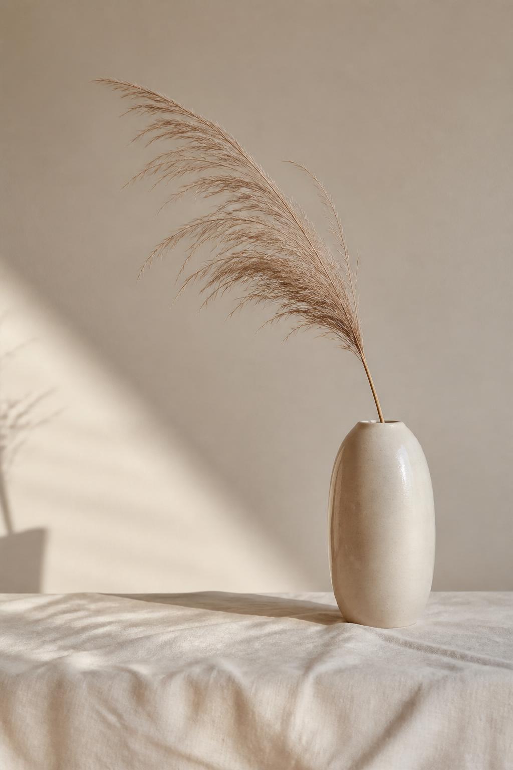 Soft cream still life with pampas grass in a pearl vase